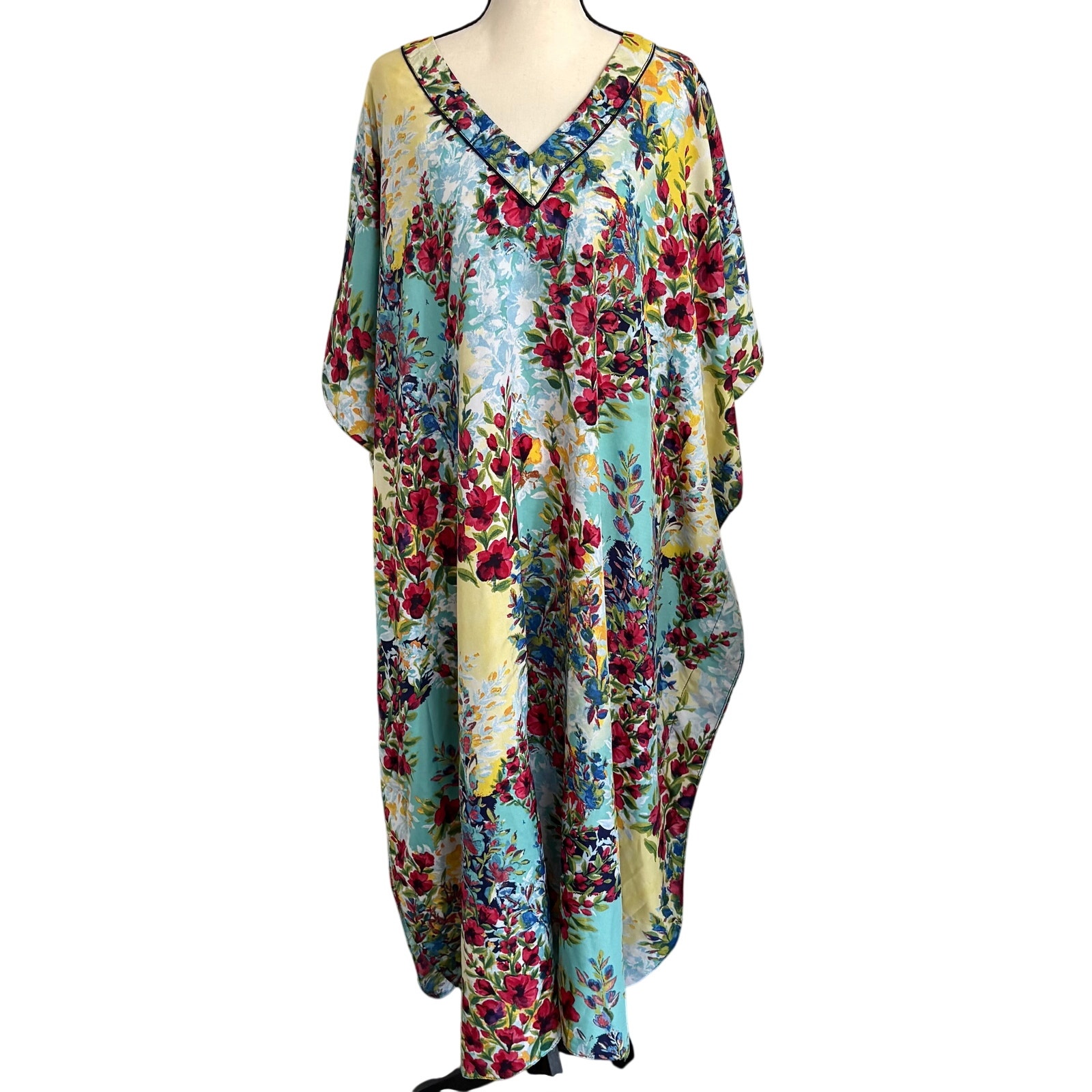 Vintage 80's Winlar Satin Asian Garden Floral Caftan Mumu Kimono Maxi Dress Os